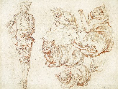 Deux hommes et quatre chats - Jean Antoine Watteau