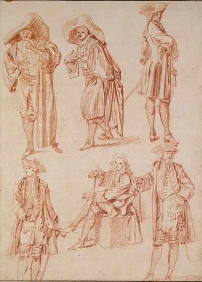 Deux études du docteur dans la comédie italienne et quatre officiers, XVIIIe siècle - Jean Antoine Watteau