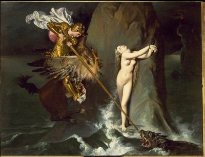 Angélique est libérée par Roger (Ruggero, Ruggiero) chevauchant un hippocampe (d