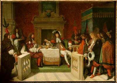 Louis XIV et Molière : Le roi Louis XIV (1638-1715) et Jean Baptiste Poquelin dit Molière (1622-1673) à table devant les courtisans - Jean Auguste Dominique Ingres