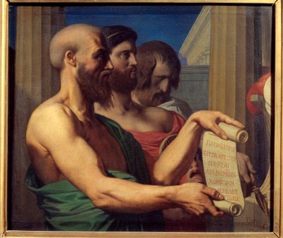 Les tragiques grecs. Portraits des dramaturges Eschyle (525-456 av. J.-C.), Sophocle (495-406 av. J.-C.) et Euripide (480-406 av. J.-C.). Peinture par Jean Auguste Dominique Ingres (1780-1867) 1866 Angers, Musée des Beaux-Arts - Jean Auguste Dominique Ingres
