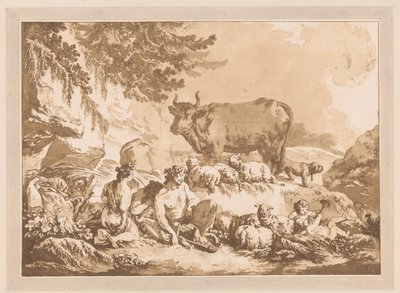 Satyres reposant entre des moutons et une vache dans un paysage - Jean Baptist Leprince