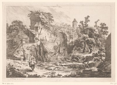 Femme devant une maison de pêcheur avec des filets tendus - Jean Baptist Leprince