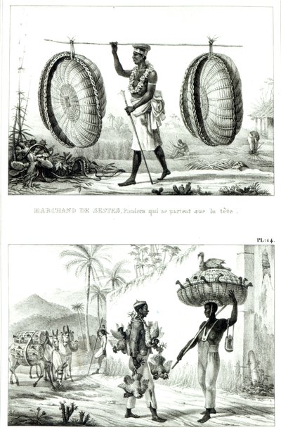 Paniers de tête et un vendeur de volaille, de 