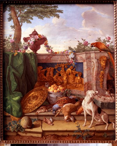 Plaque représentant les chasses de Louis XVI : détail représentant un chien gardant le gibier - Jean Baptiste (after) Oudry