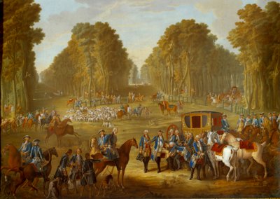 Plaque représentant les chasses de Louis XVI : la rencontre au carrefour du puits du Roi dans la forêt de Compiègne - Jean Baptiste (after) Oudry