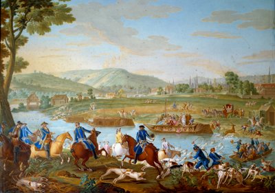 Plaque représentant les chasses de Louis XVI : le cerf passe l