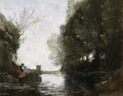 Une rivière avec une tour carrée et un fermier au premier plan - Jean Baptiste Camille Corot