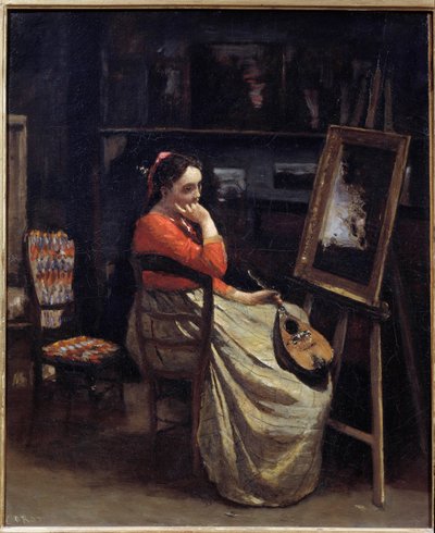 Une jeune femme pensive, un mandoline à la main, dans l