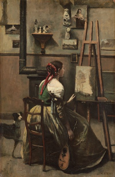 Atelier de Corot: Femme assise devant un chevalet, une mandoline à la main, vers 1868 - Jean Baptiste Camille Corot