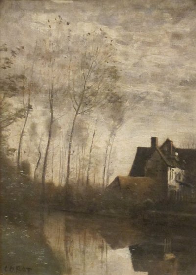 French: Scène de rivière avec maisons et peupliers A River Scene with Houses and Poplars - Jean Baptiste Camille Corot