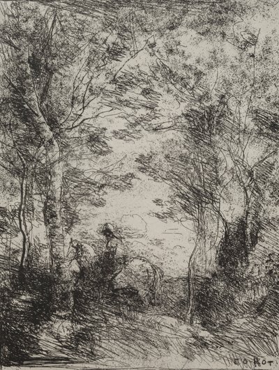Cavalier dans les bois, impression originale 1854, imprimée en 1921 - Jean Baptiste Camille Corot