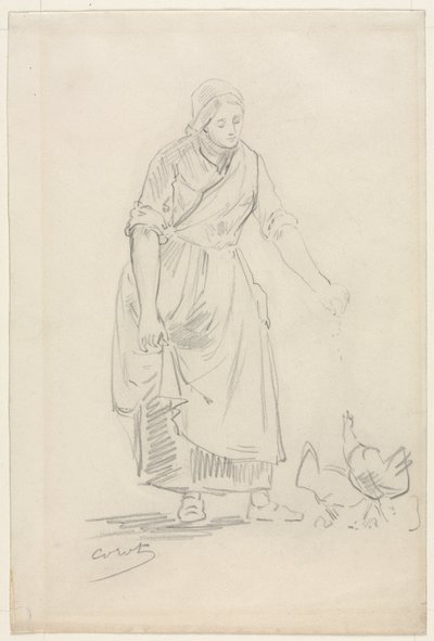 Jeune paysanne nourrissant des poulets, 1800s - Jean Baptiste Camille Corot