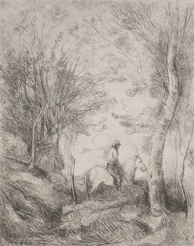 Le Grand Cavalier dans le bois, impression originale 1854, imprimée en 1921 - Jean Baptiste Camille Corot