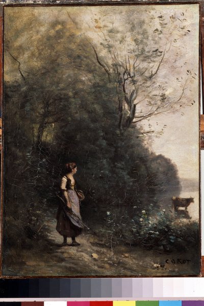 Une bergère et son troupeau de vaches à la lisière d
