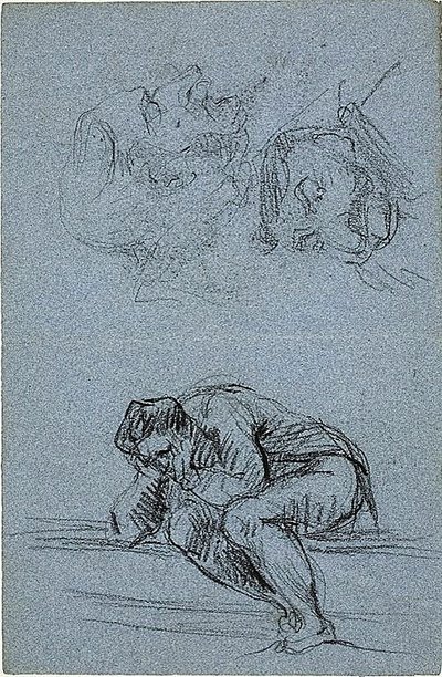 Figure assise avec la tête dans les mains et deux caricatures (recto) ; quatre figures dans une lunette (verso) - Jean Baptiste Carpeaux