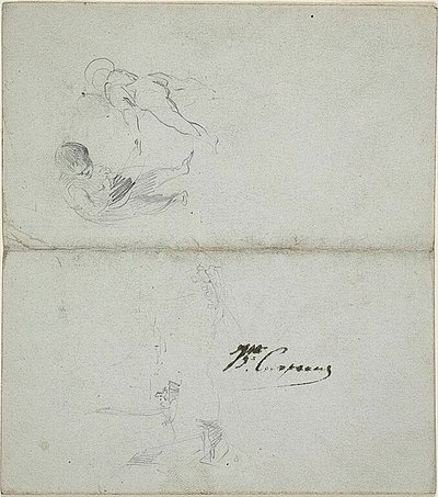 Esquisses de deux enfants, bateaux en mer (recto) ; Esquisses d