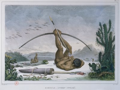 Indien Cabocle chassant des oiseaux avec un arc et des flèches, de Voyage Pittoresque et Historique au Brésil, publié en 1839 - Jean Baptiste Debret