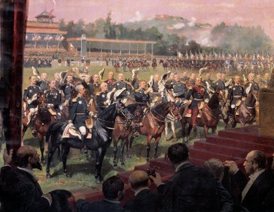 La distribution des drapeaux à Longchamp par le président Jules Grévy en présence de Léon Gambetta le 14 juillet - Jean Baptiste Edouard Detaille