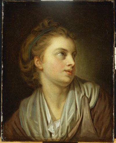 Une fille, longueur de buste, avec un bandeau vert, regardant en haut - Jean Baptiste Greuze