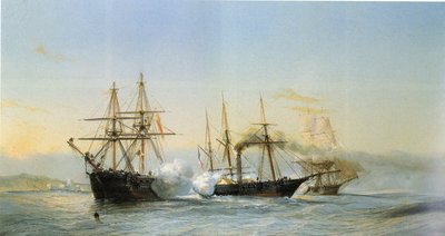 Bataille navale devant la côte marocaine entre deux bricks marocains et une corvette à roues française à l