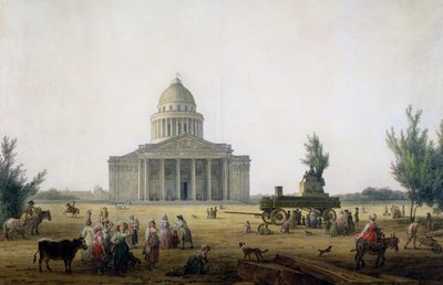 Vue du Panthéon à Paris avec un carrosse portant une statue de Jean-Jacques Rousseau (1712-78), vers 1792 - Jean Baptiste Hilair