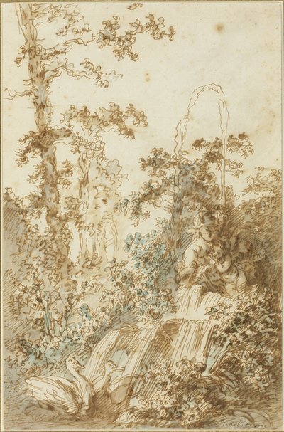 Caprice avec fontaine et cygnes folâtrant - Jean Baptiste Huet