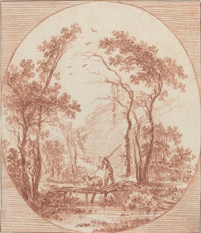 Un fermier et un mouton traversant un pont rustique - Jean Baptiste Le Prince