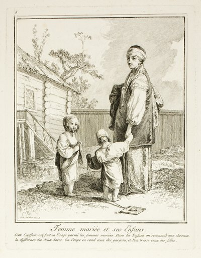 Femme mariée et ses enfants, planche cinq de Divers Habillements des Peuples du Nord - Jean Baptiste Le Prince