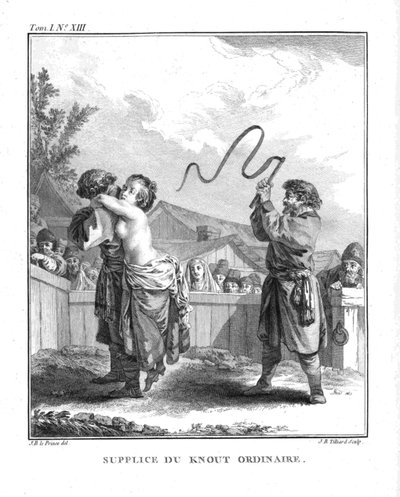 Punition de Natalia Fyodorovna Lopukhina avec un knout ordinaire. De Voyage en Sibérie, 1766 - Jean Baptiste Le Prince