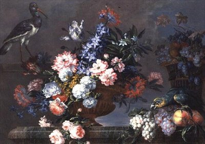 Nature morte de fruits et de fleurs avec des oiseaux - Jean Baptiste Monnoyer