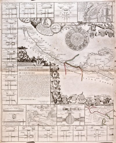 Carte du Canal du Midi, avec ses aqueducs - Jean Baptiste Nolin