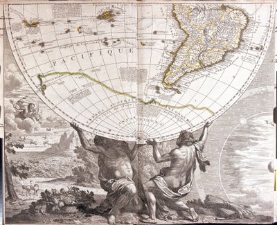 Deux hommes soutiennent le globe terrestre, avec la carte de l