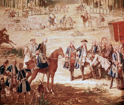 Chasse de Louis XV Le roi Louis XV chassant dans la forêt de Compiègne (La Chasse de Louis XV - Tapisserie) le départ de la meute Détail - Tapisserie de Jean Baptiste Oudry (1686-1755) - Jean Baptiste Oudry