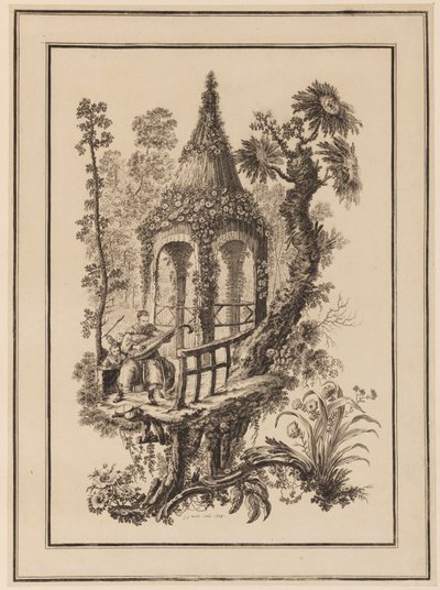 Trois figures devant une structure avec des arbres - Jean Baptiste Pillement