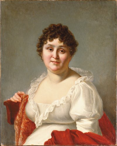 Portrait de Madame Regnault, buste, en robe blanche et châle kaki - Jean Baptiste Regnault