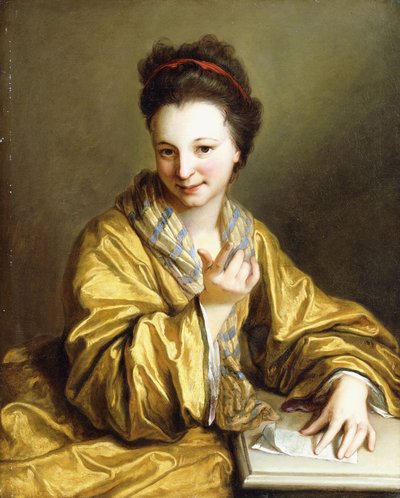 Une Jeune Dame, portant une Robe Jaune, assise à une Table, Faisant Signe - Jean Baptiste Santerre