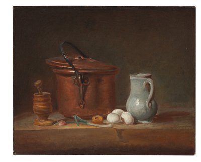 Une casserole en cuivre, un mortier et un pilon, une cruche, un oignon vert, des œufs et un oignon sur une étagère - Jean Baptiste Simeon Chardin