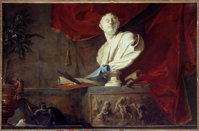 Allégorie des Arts Nature morte avec buste sculpté, palette et pinceaux, toile, rouleau. Peinture par Jean Baptiste Simeon Chardin 18ème siècle Paris, Musée Jacquemart André - Jean Baptiste Simeon Chardin