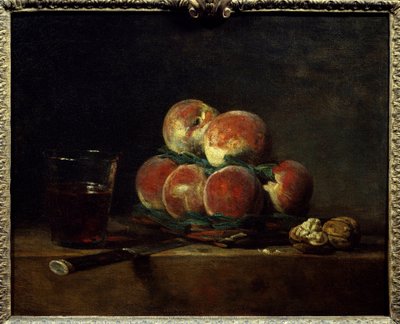Panier de pêches avec noix, couteau et verre de vin - Jean Baptiste Simeon Chardin