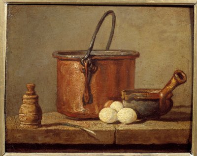Ustensiles de cuisine, chaudron, poêlon et œufs. Peinture de Jean-Baptiste Siméon Chardin (1699-1779) 18ème siècle - Jean Baptiste Simeon Chardin