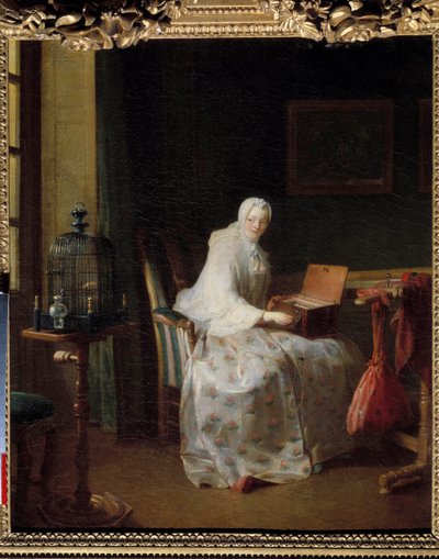 La serinette ou dame variant ses amusements Peinture de Jean Baptiste Siméon Chardin (1699-1779) XVIIIe siècle Dim. 0,50 x 0,43 m - Jean Baptiste Simeon Chardin