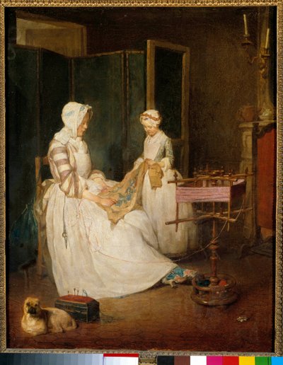 La mère travailleuse Une mère aidée par sa fille brodant et utilisant un métier à broder. Peinture de Jean Baptiste Simeon Chardin (1699-1779) XVIIIe siècle - Jean Baptiste Simeon Chardin