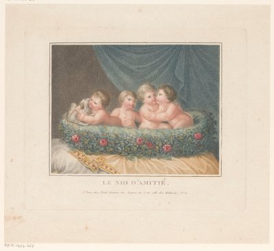 Quatre putti avec un chien dans un panier de roses sur un coussin - Jean Baptiste Verite