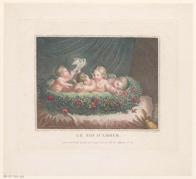 Quatre putti avec deux colombes dans un panier de roses sur un coussin - Jean Baptiste Verite