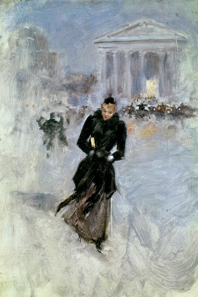 Jeune femme élégante au boa dans la rue Royale à Paris - Jean Beraud