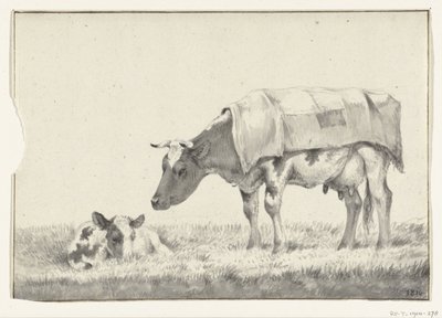Vache debout, vers la gauche, avec un veau couché - Jean Bernard