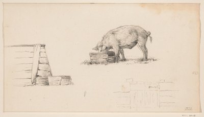 Cochon, une cabane et une esquisse de clôture - Jean Bernard