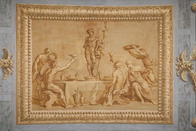 Faux relief doré, avec la statue de Bacchus entourée de quelques offrants levant des coupes de vin - Jean Boulanger