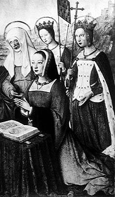 Anne de Bretagne avec Sainte Anne, Sainte Ursule et Sainte Hélène, miniature des Grandes Heures d